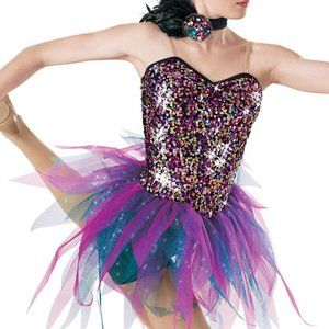 Sparkly Pink, Blue, Gold, Black Sequin/Spandex Tulle Dress Costume with Choker
